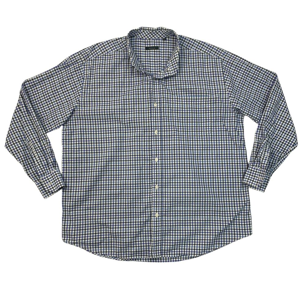 Turtleson Shirt Men L Large Blue White Pleated Cotton Plaid Long Sleeve Gingham